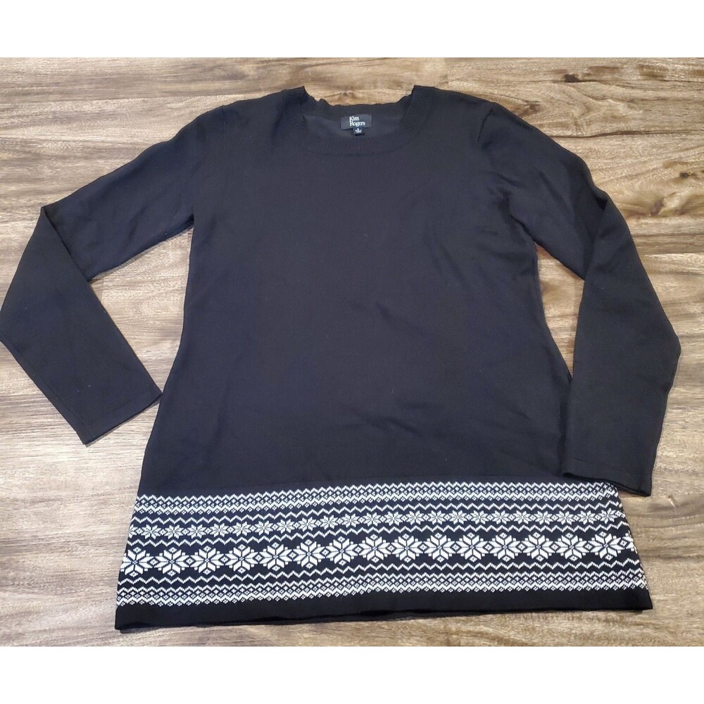 Kim Rogers Women's Small Sweater Black White Fair Isle Rayon Polyester